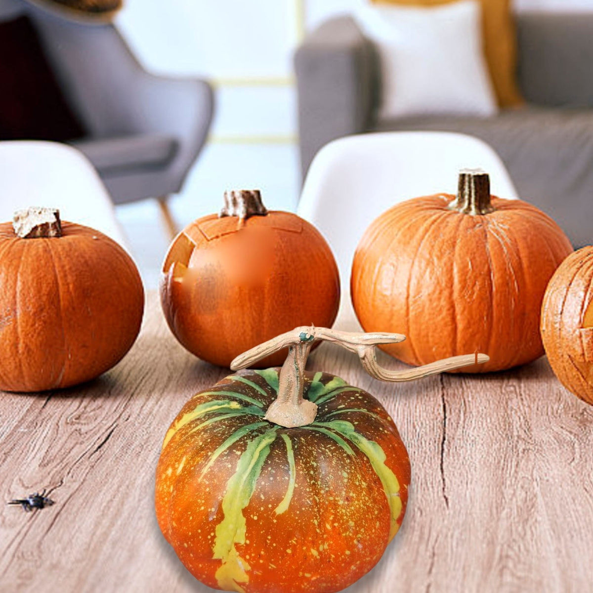 13.7" Halloween Foam Pumpkin Decorations, 2 Pack Artificial Pumpkins for Table Mantel Shelf Display, Fall Autumn Home Decor for Thanksgiving Party (Green)