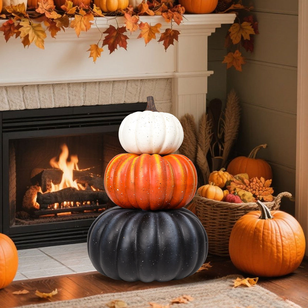 Large 3 - Tiered Colorful Pumpkin Stack Decor: Thanksgiving,Fall & Halloween Outdoor/Indoor Display,Pumpkin Harvest Decoration 1PC