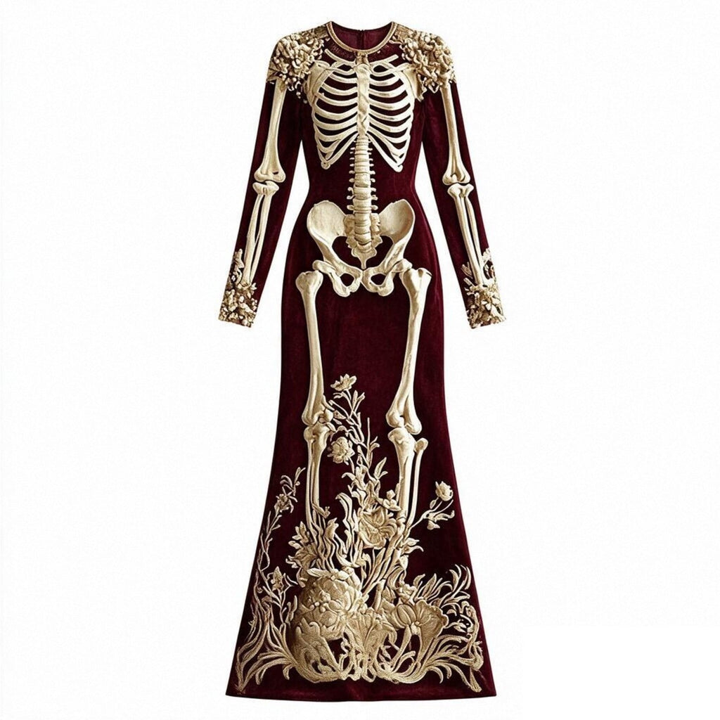 Women Halloween Skeleton Mermaid Dress, Velvet Long Sleeve Bodycon Gown with 3D Floral Appliques, Floor‑Trailing Gothic Costume for Party Cosplay L