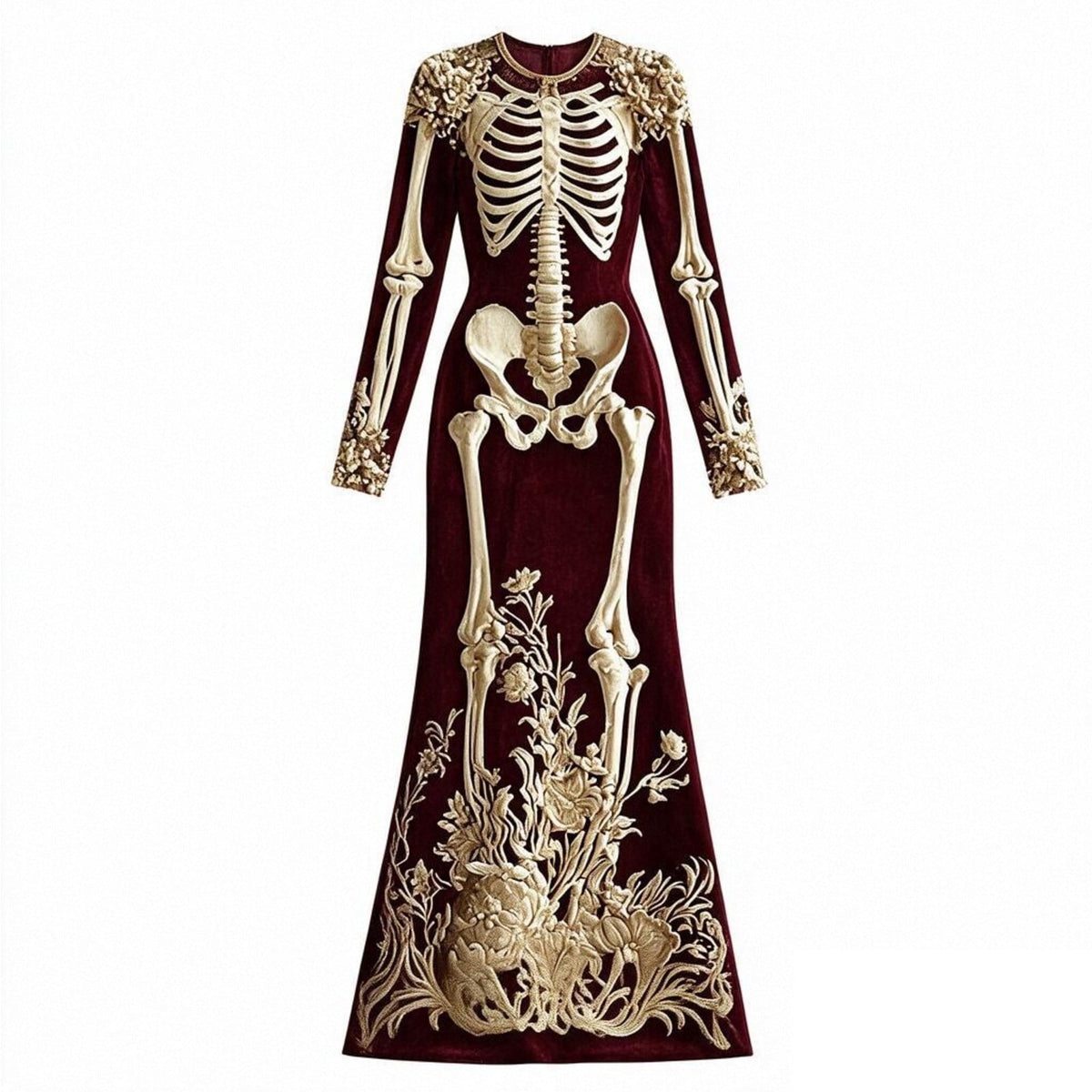 Women Halloween Skeleton Mermaid Dress, Velvet Long Sleeve Bodycon Gown with 3D Floral Appliques, Floor‑Trailing Gothic Costume for Party Cosplay L