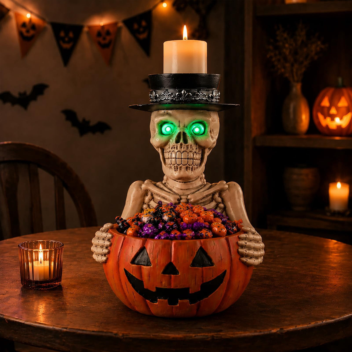 Halloween Ghost Statue with LED Glowing Eyes, Resin Ghost Figurine Tabletop Decor for Indoor Home, Mantel, Shelf, Entryway and Halloween Party Display