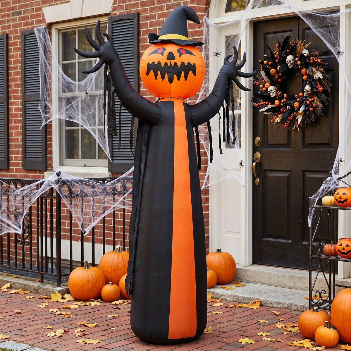 10FT Inflatable Pumpkin Ghost with Rotatable Head 6 LED Lights Black Orange Halloween Yard Decor