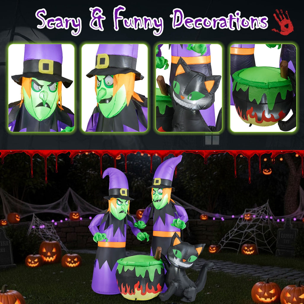 Gymax 6 Ft Inflatable Halloween Witches Blow up 2 Scary Witch w/Black Cat & Cauldron