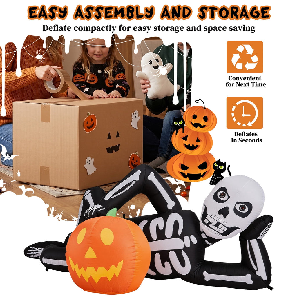 7ft Inflatable Halloween Lying Skeleton with 7 LED Lights Black and White Decor for Lawn