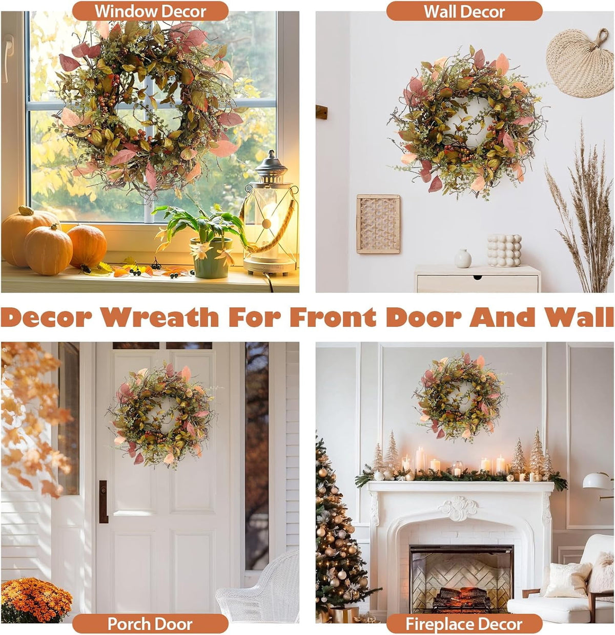24 Inch Fall Wreath for Front Door with Large Grapevine, Orange Pip Berry Wreath for Fall Door Decor, Autumn Wreaths for Farmhouse Wall Window Home and Halloween Christmas Thanksgiving Decoration