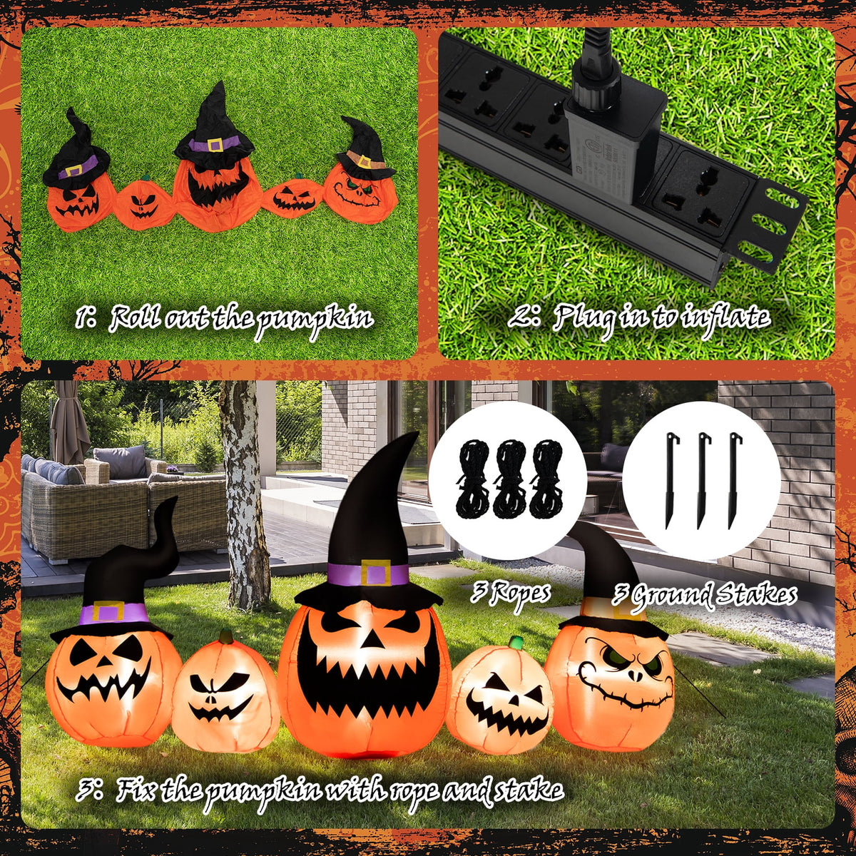 Patiojoy Long Inflatable Pumpkin Family Waterproof Halloween Yard Decoration with Built-in LED Lights Indoor & Outdoor Halloween Decor