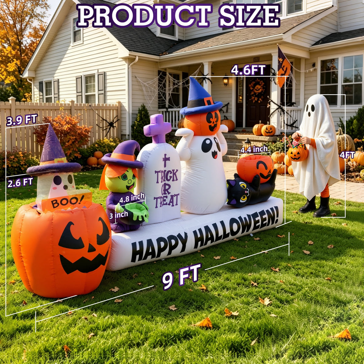 BSHAPPLUS® 9 ft Halloween Pumpkin UFO Inflatable,Walk-in Inflatable Yard Decor with Levitating Cow,Built-in LED Lights,Outdoor Blow up Decor for Lawn Garden Party,19.7ft Extra-Long Power Cord
