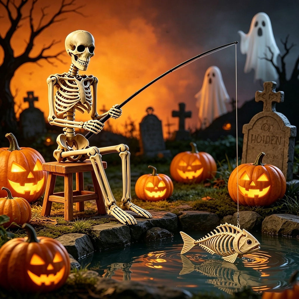 Fishing Skeleton Statue, 35'' Skeleton with 10'' Fish Skeleton, Resin Skull Fisher Sculpture for Aquarium and Garden Pond Edge Ornament Fish Tank Halloween Decorations