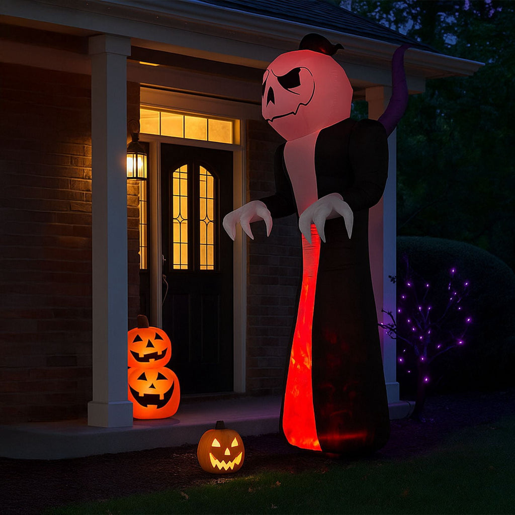 12FT Inflatable Grim Reaper with Jack-O-Lantern Pumpkin Head 3-Color Flame LED Halloween Yard Decor