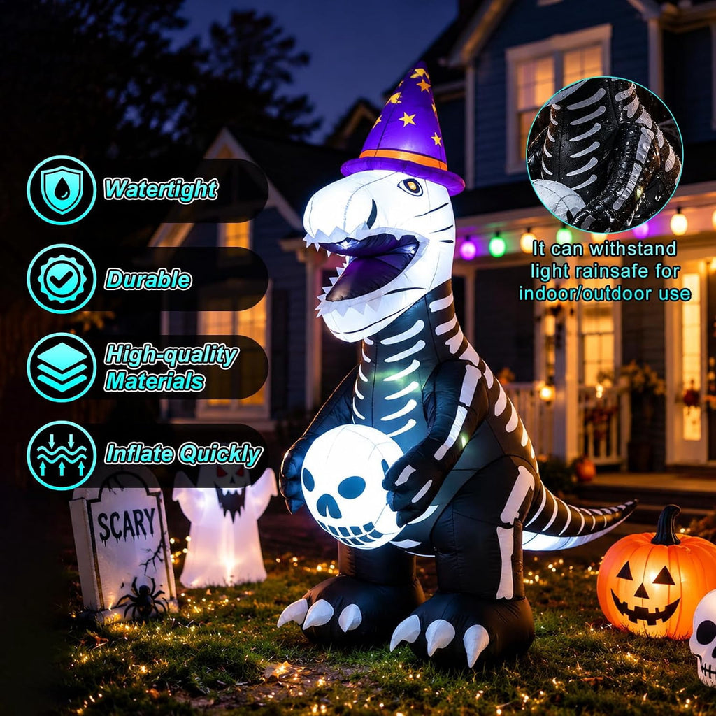 7.9 FT Halloween Inflatable Skeleton Dinosaur Outdoor Decoration, Giant Black and White Dino Yard Decor with LED Light for Lawn, Porch, Party, Haunted House Display