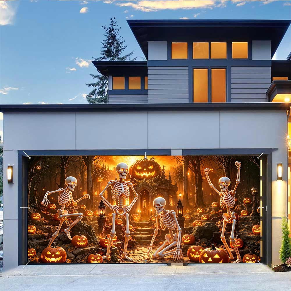 16X7ft Halloween Garage Door Cover Decorations, Spooky Skeletons Pumpkin Large Garage Wall Backdrop Hanging Banner for Halloween Yard Indoor Outdoor Party Decor