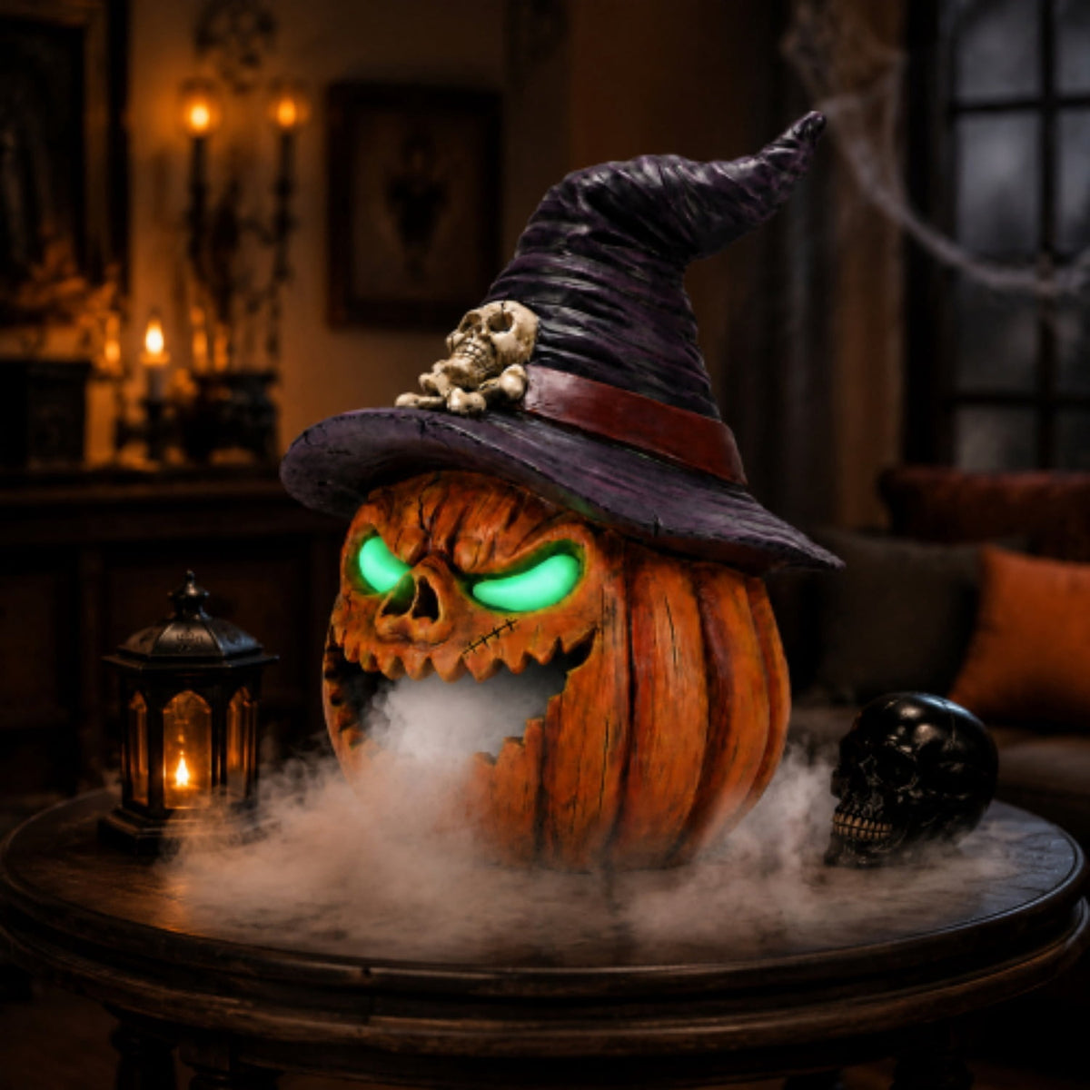 SpookHaven Halloween Jack‑O‑Lantern Pumpkin Mist Sprayer Figurine, LED Light‑Up Fogger with Witch Hat & Skull Decoration, Spooky Ornament for Tabletop Entryway Halloween Party Home Decor