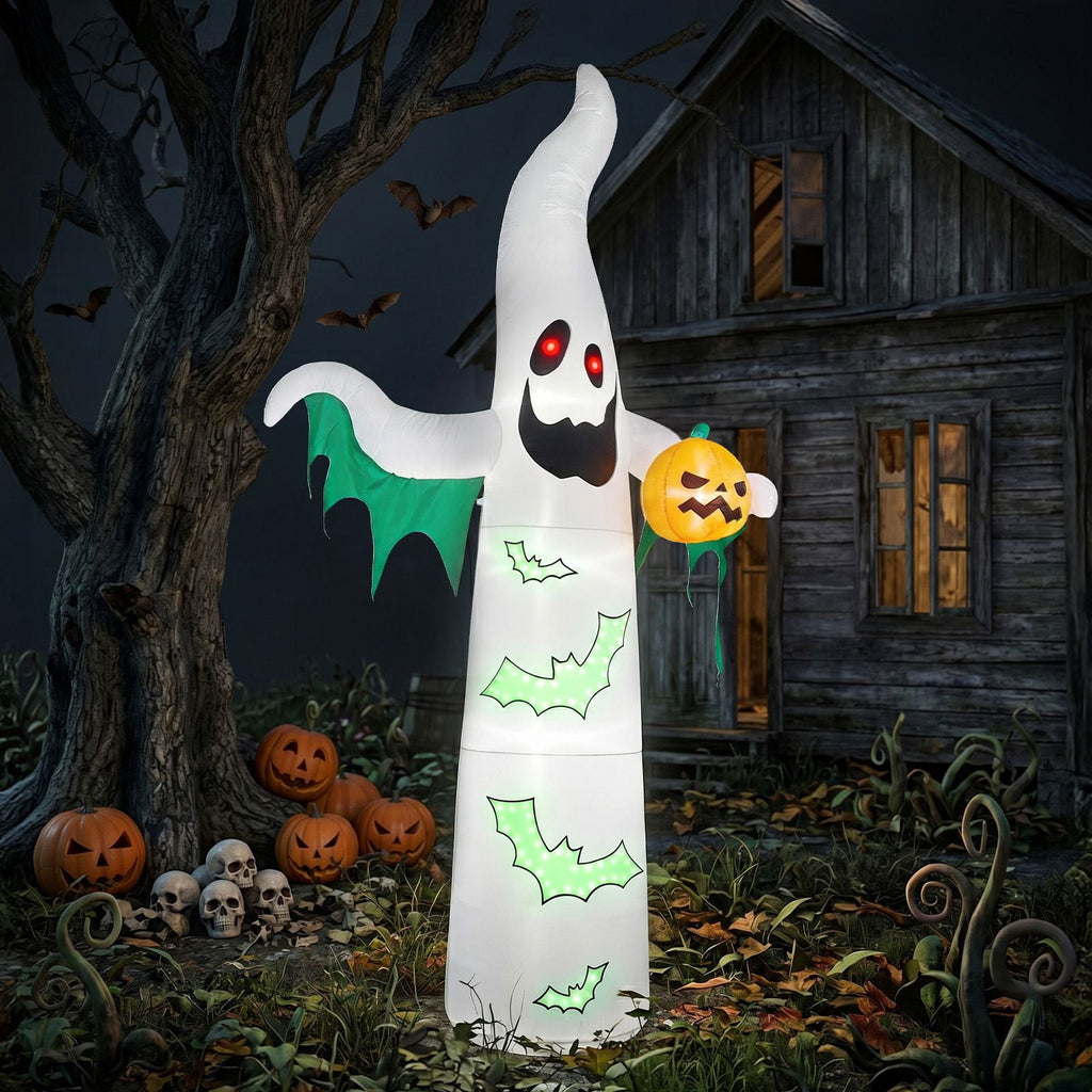 12FT Inflatable Ghost and Bat with 4 LED Lights 82 String Lights Flashing Halloween Yard Decor