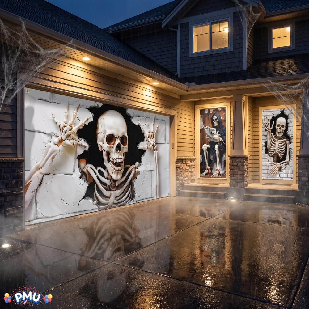 PMU 7-Piece Halloween Garage Door Cover Set, 16 x 7 ft, Skeleton Window & Door Decorations