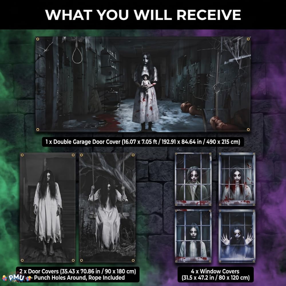 PMU 7-Piece Halloween Garage Door Cover Set, 16 x 7 ft, Skeleton Window & Door Decorations