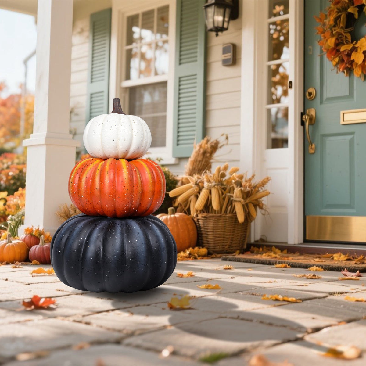 Large 3 - Tiered Colorful Pumpkin Stack Decor: Thanksgiving,Fall & Halloween Outdoor/Indoor Display,Pumpkin Harvest Decoration 1PC