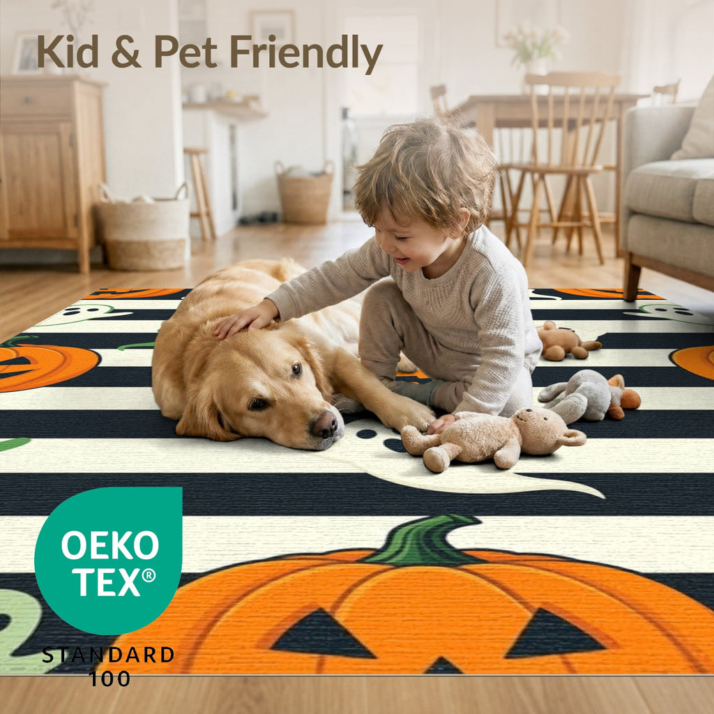 ODIKA Halloween Spooky Pumpkin Phantom Striped Entrance Door Doormat for Playroom, Bedroom, Reading Nook, Pet Friendly & Kids Safe Play