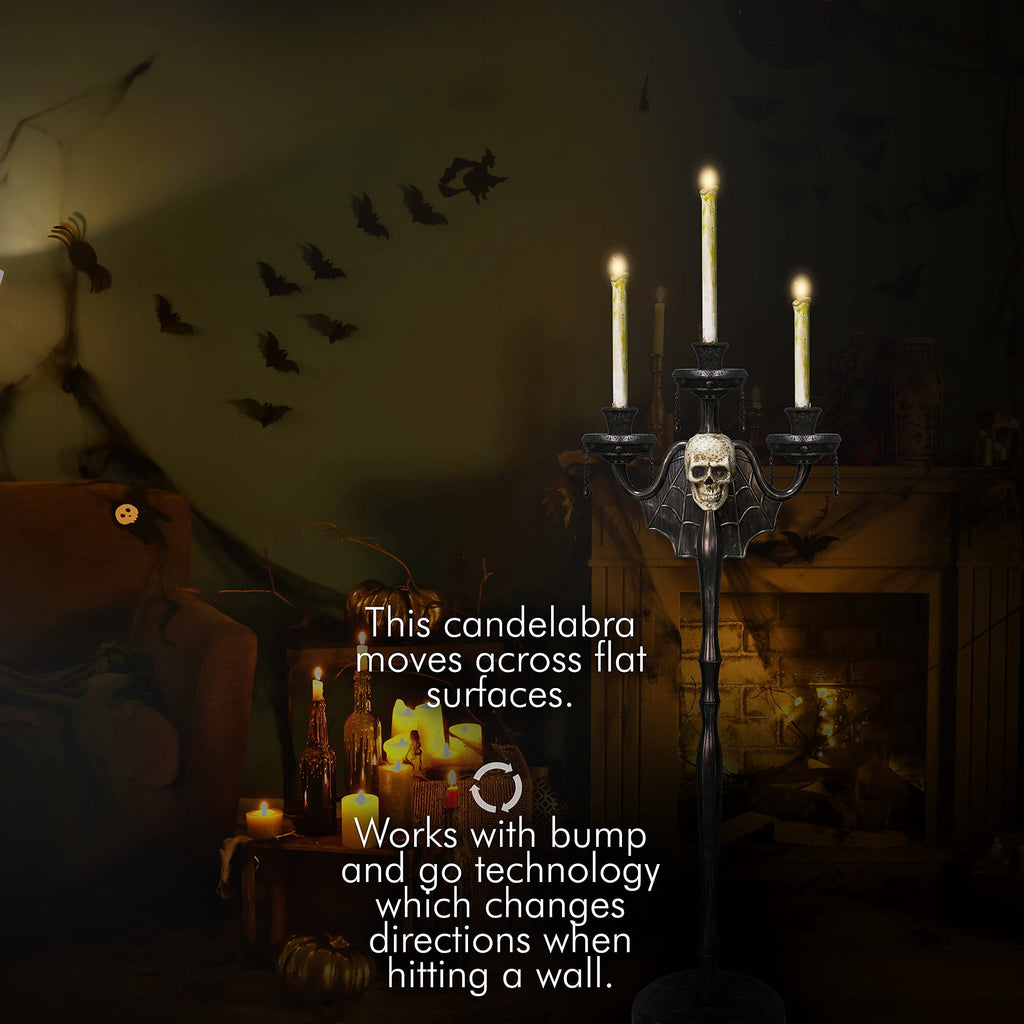 Skeleteen Animated Halloween Candelabra Decoration - Creepy Gothic Haunted Mansion Black Skull Floating Candle Holder Party Decorations Prop