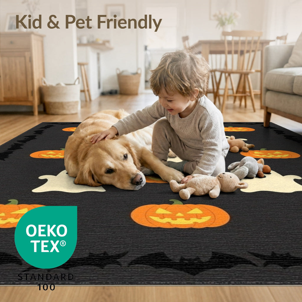 ODIKA 8'x10' Washable Area Rug Halloween Harvest Spirits Grinning Lantern Entrance Doormat Door for Living Room, Under Sectional, Family , Durable, Non-Slip
