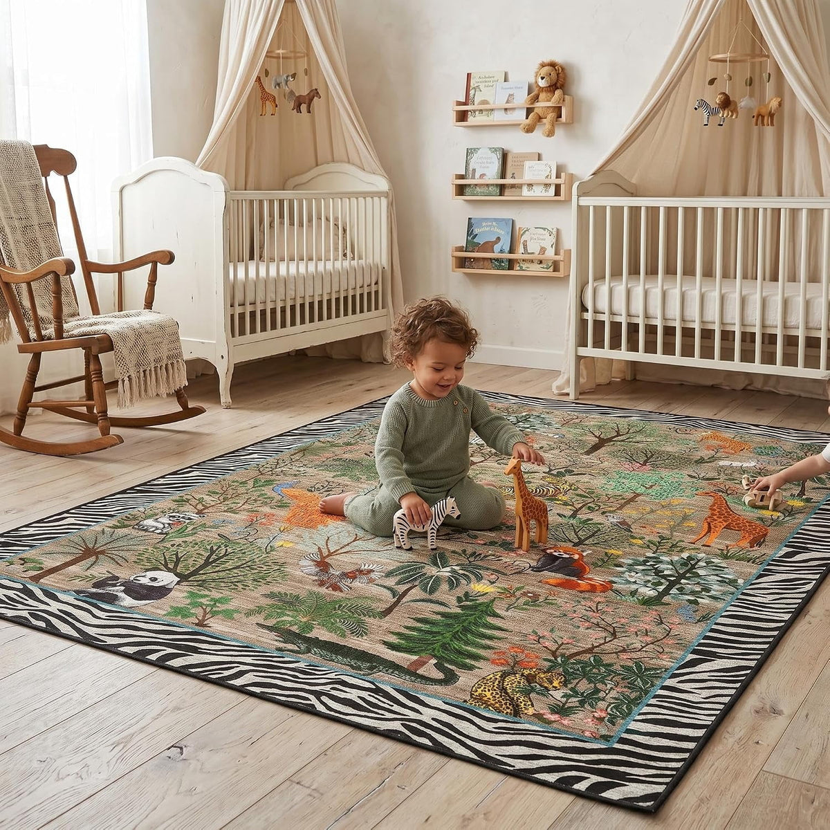 Large Jungle Animal Living Room Rug 10x13 Washable Forest Indoor Rugs for Bedroom Non Slip Foldable Low Pile Modern Floor Mat Stain-Resistant Neutral Carpet for Kids Playroom Dorm Nursery Black