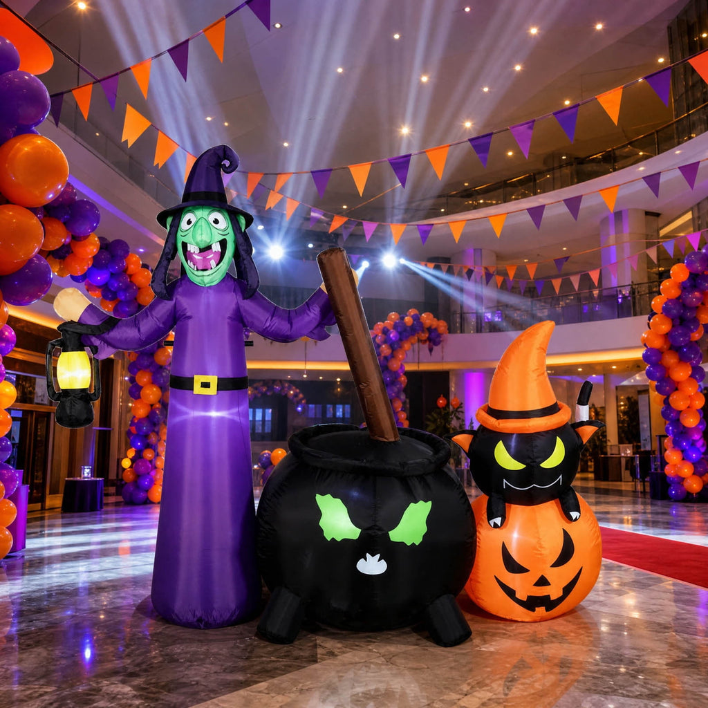 Halloween Inflatable Outdoor Decoration 6 Ft Witch with Lantern Cauldron and Pumpkin Blow Up Yard Prop with LED Lights for Garden Lawn Fall Party Decor