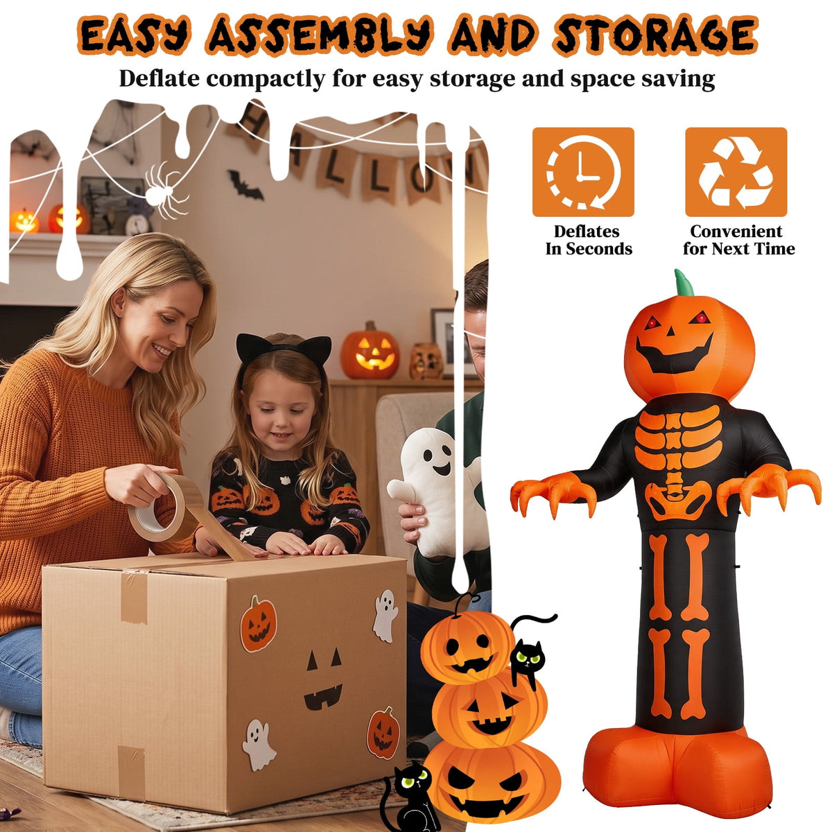 12ft Giant Halloween Inflatable Grim Reaper with Skeleton Ribs and Pumpkin 115 LED Lights