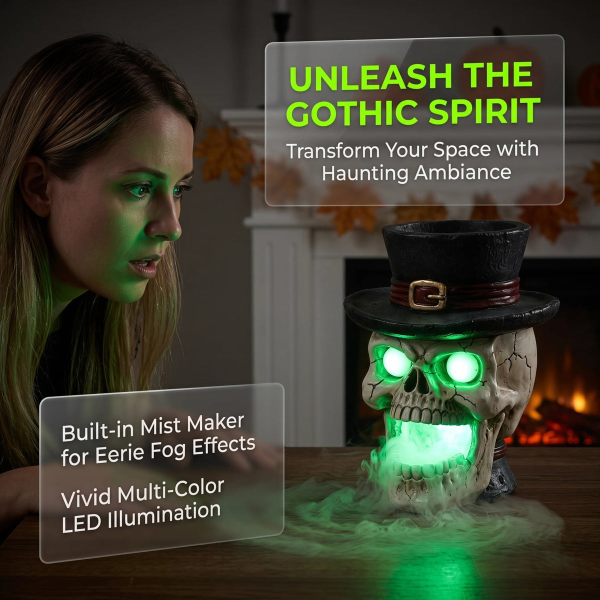 SpookHaven Halloween Jack‑O‑Lantern Pumpkin Mist Sprayer Figurine, LED Light‑Up Fogger with Witch Hat & Skull Decoration, Spooky Ornament for Tabletop Entryway Halloween Party Home Decor