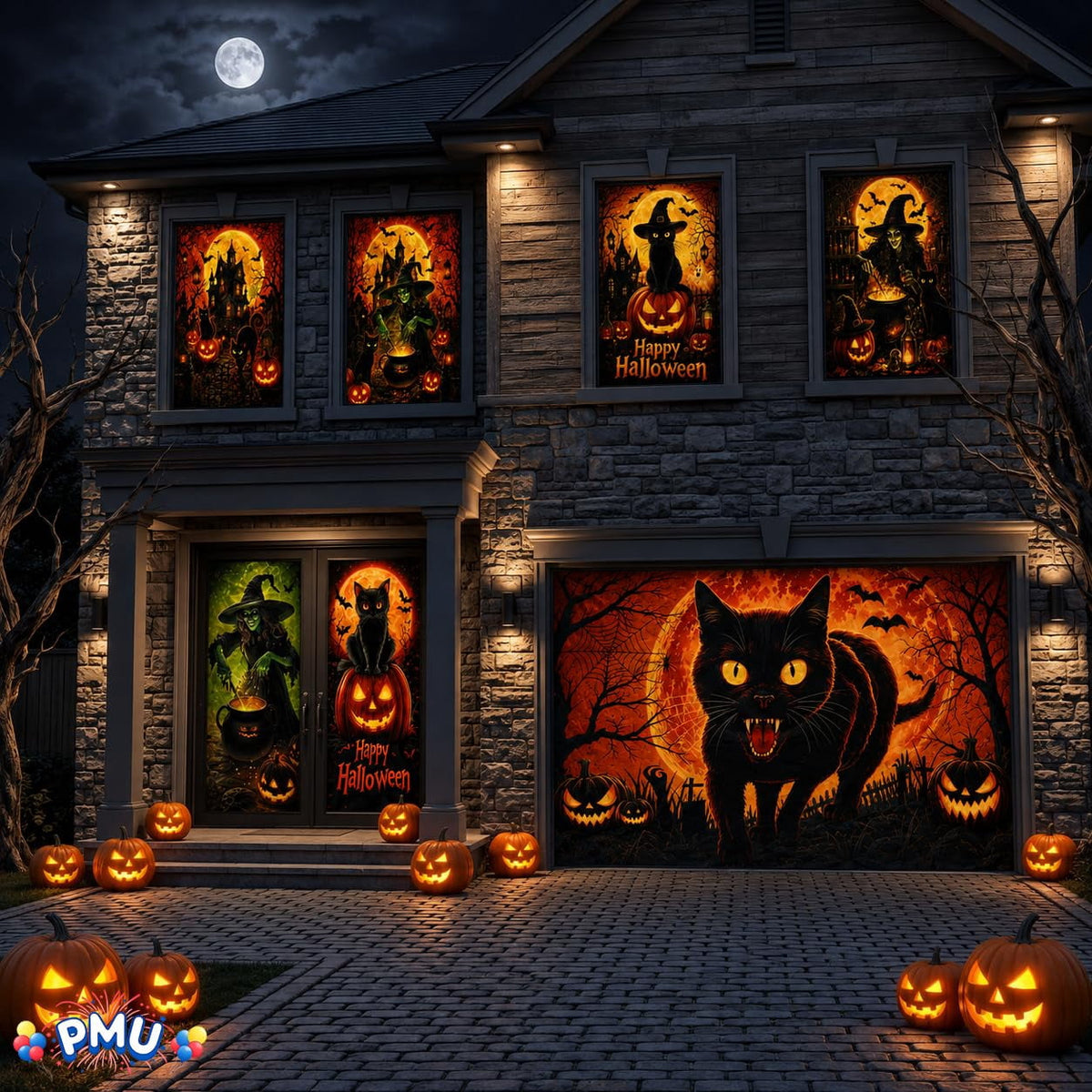 PMU 7-Piece Halloween Garage Door Cover Set, 16 x 7 ft, Skeleton Window & Door Decorations