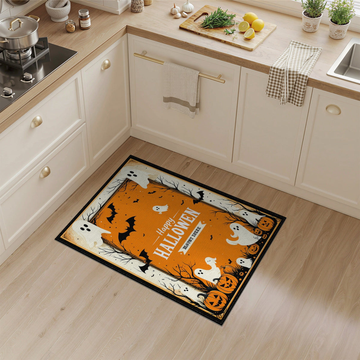 ODIKA Halloween Ghost Pumpkin Bat Skull Welcome Doormat Fiber Door for Dorm Room, Small Living Apartment, Stain Resistant Low Profile