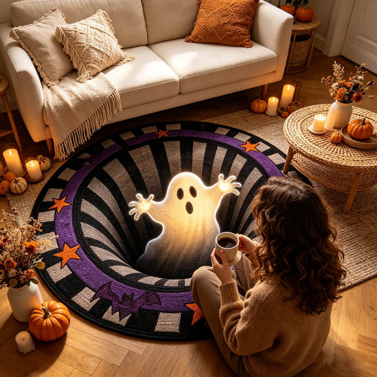 3D Visual Halloween Round Rug Non Soft Velvet Glowing Ghost Black Hole Floor Mat for Living Room Bedroom Entryway(White Purple-140cm)