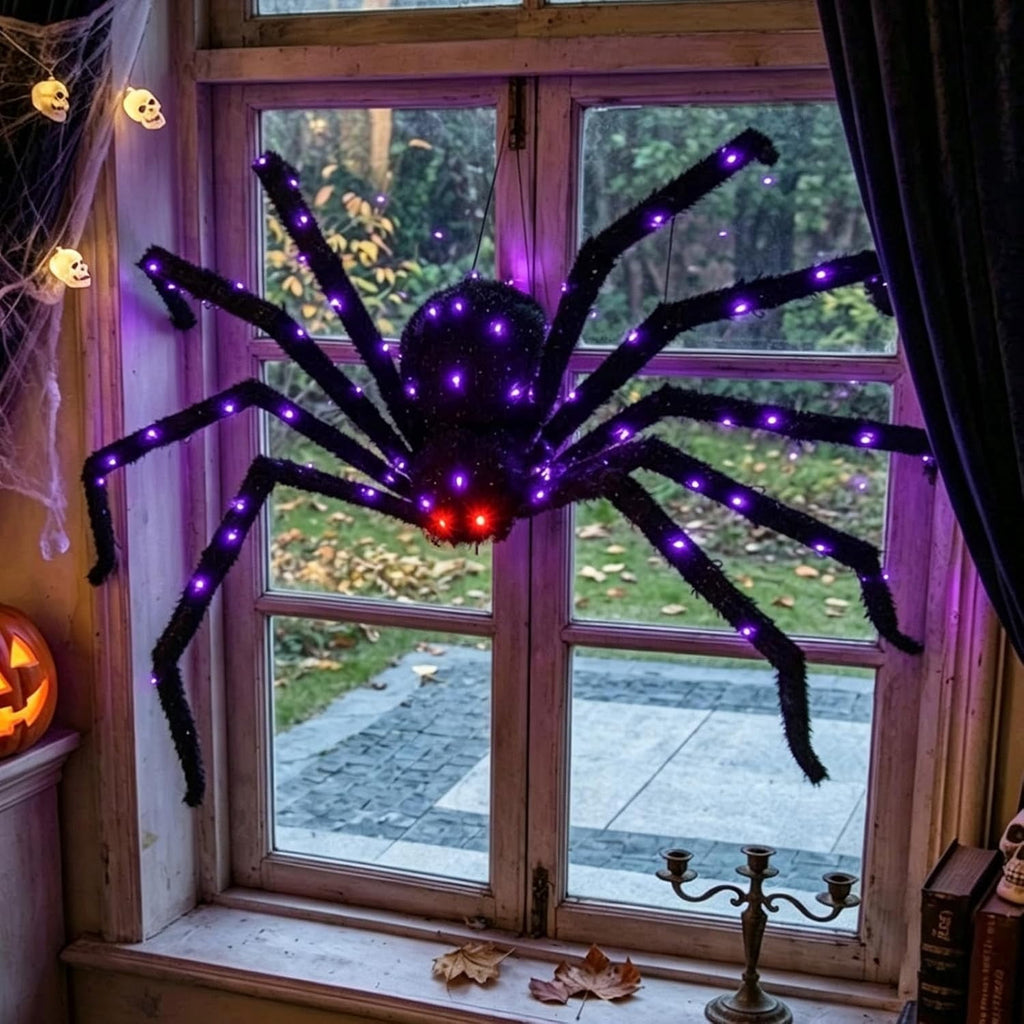 Halloween Decorations Outdoor Giant Spider Light Up Spider 4.3Ft Lighted Large Spider with 6 Modes and 100 LED Purple Lights, Black Spooky Spider for Yard Lawn Garden Patio Outside Decor