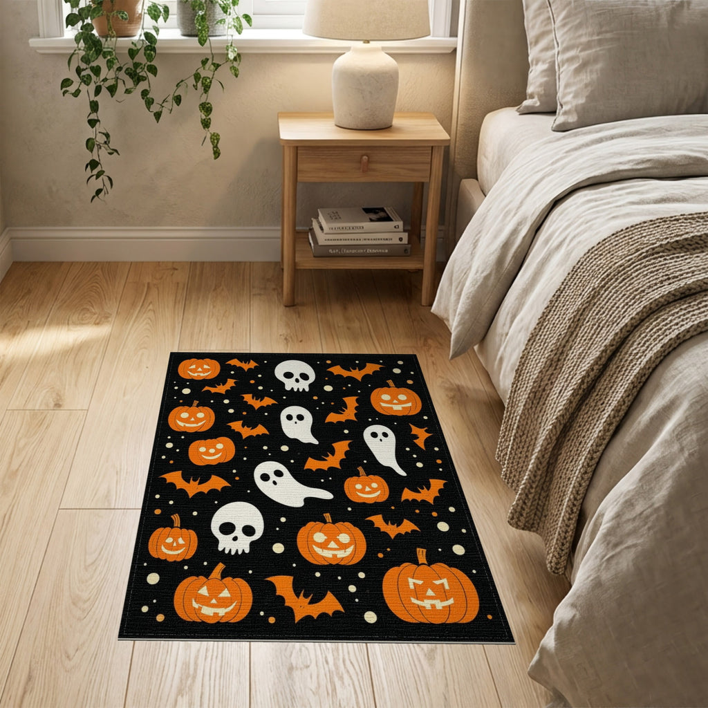 ODIKA Halloween Ghost Pumpkin Bat Skull Welcome Doormat Fiber Door for Dorm Room, Small Living Apartment, Stain Resistant Low Profile