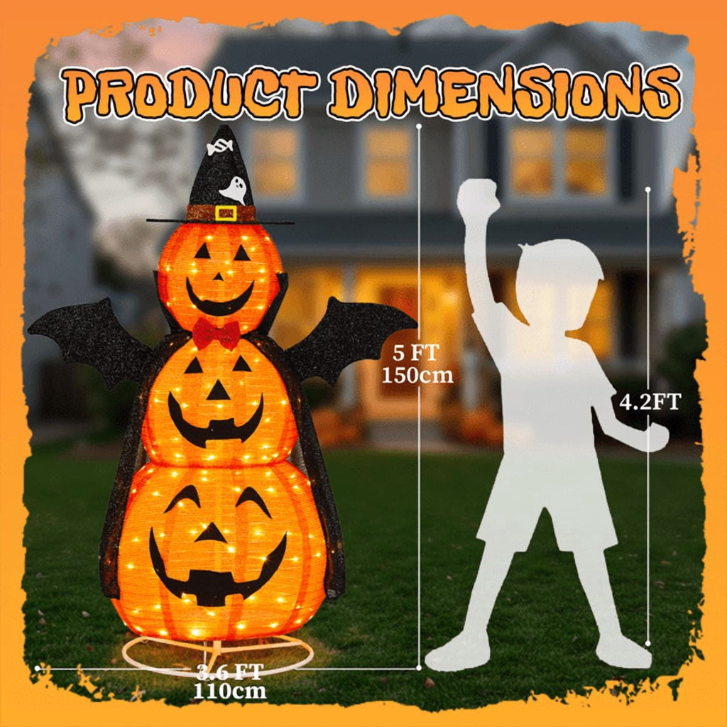 Alvantor 5 ft Lighted 3-Tier Pop-Up Pumpkin Halloween Decoration with Witch Hat, Cape, Bat Wings and 130 Warm White LEDs, Orange