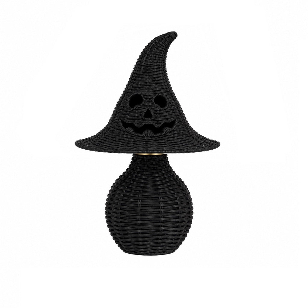 Lighted Halloween Table Centerpiece, Witch Hat Pumpkin Lamp, Black Woven Rattan Halloween Decor Indoor, Glowing Tabletop Decoration for Party Home
