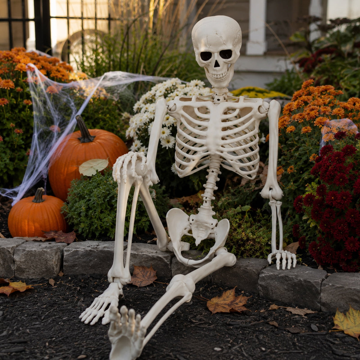 Halloween Skeleton Decorations, 53" Realistic Full Body Movable Posable Joints Skeleton, Creepy Halloween Skeleton for Graveyard Decorations, Haunted House Props Indoor/Outdoor Decor