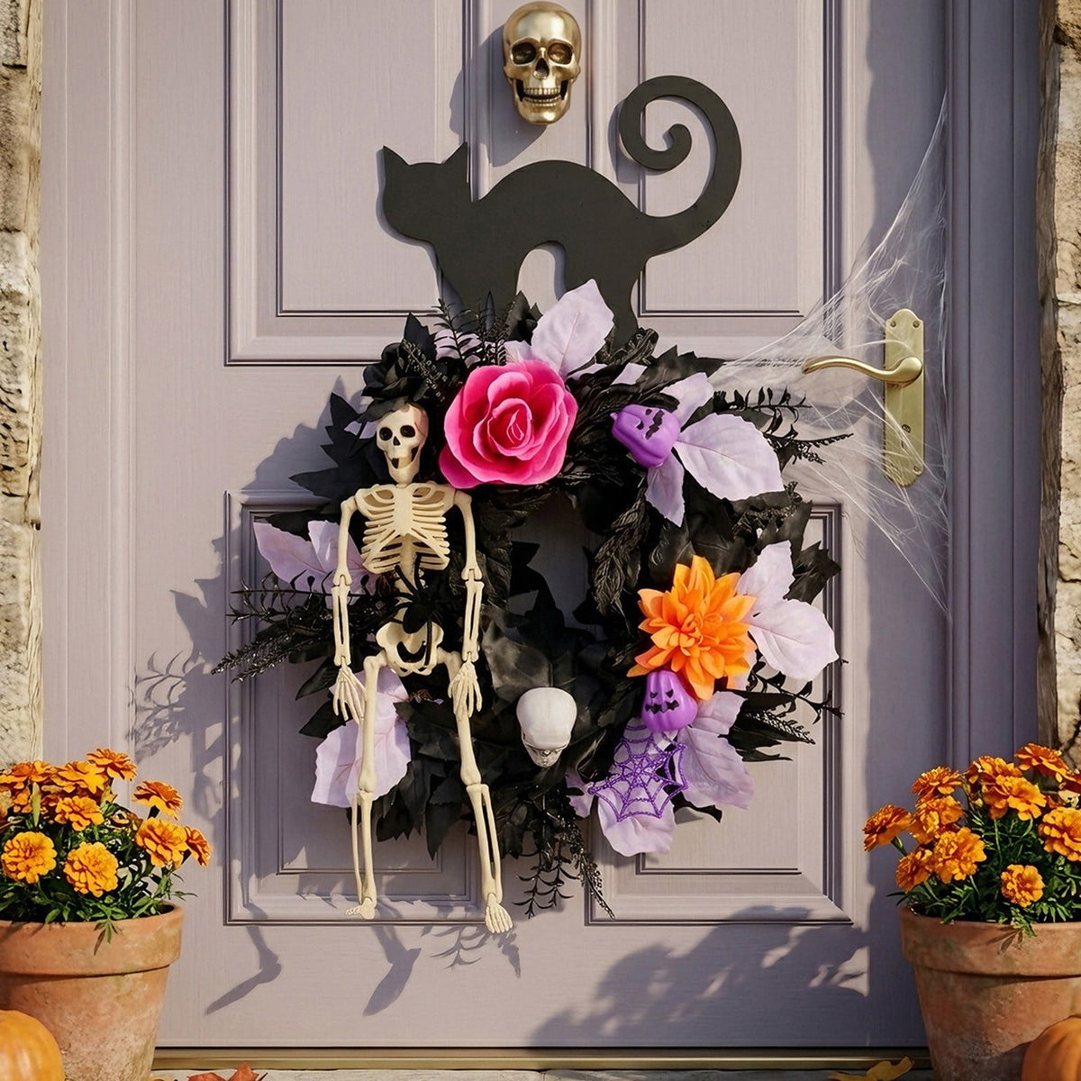 BINGLI 18 Inch Halloween Skeleton Wreath for Front Door, Lighted Gothic Dark Aesthetic Door Wreath with Autumn Leaves Indoor Decorations Centerpiece Party Holiday Wall Home Decor