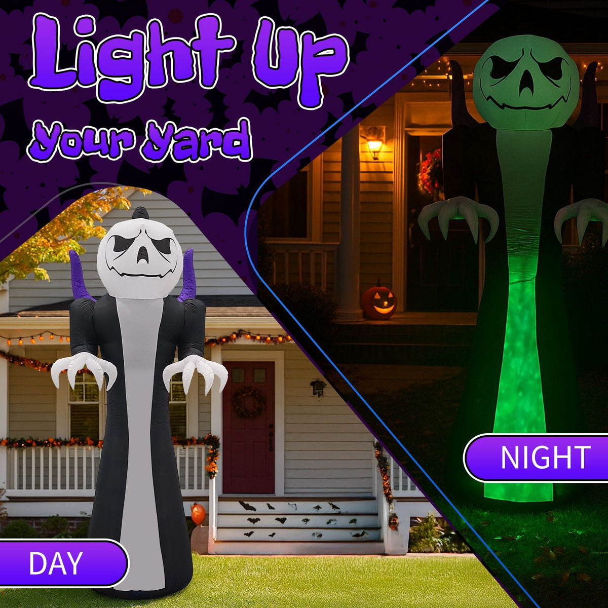 12FT Inflatable Grim Reaper with Jack-O-Lantern Pumpkin Head 3-Color Flame LED Halloween Yard Decor