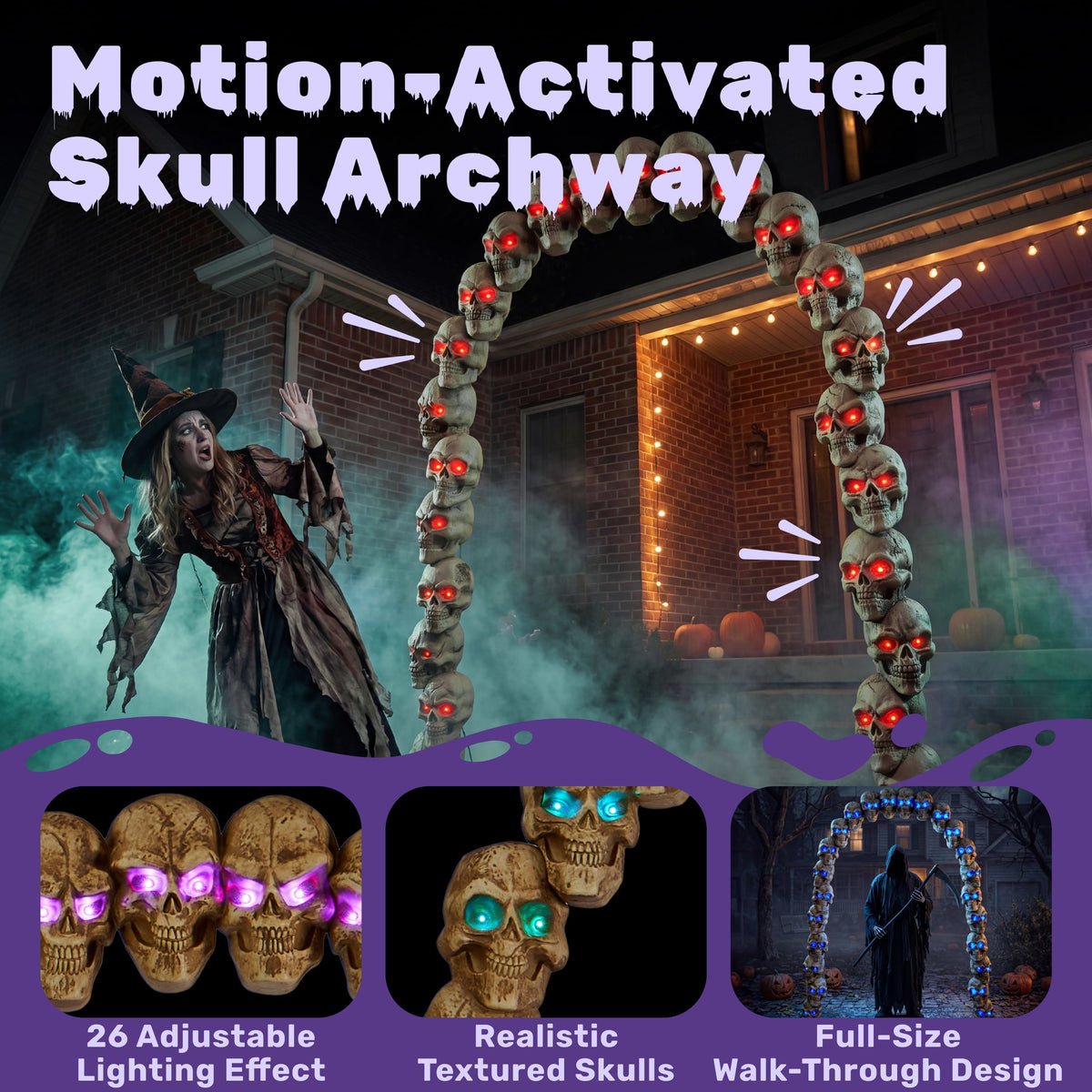 Joyfy 8ft Halloween Animated Flying Witch Decorations Outdoor Floating Witch on Broom Animatronics Hovering Witch Decor with Light Eyes and Spooky Voice, Scary Haunted House Prop for Outside