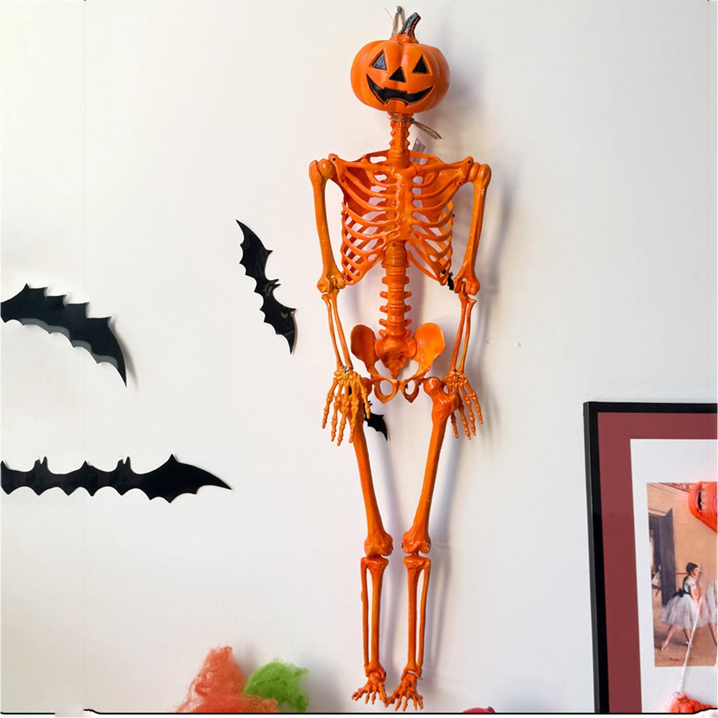 Jollyzo Halloween Pumpkin Head Skeleton Decor, 35.4" Scary Skeleton Craft Realistic Skeleton Hanging Decor, Orange Skull Pendant for Halloween Party Atmosphere