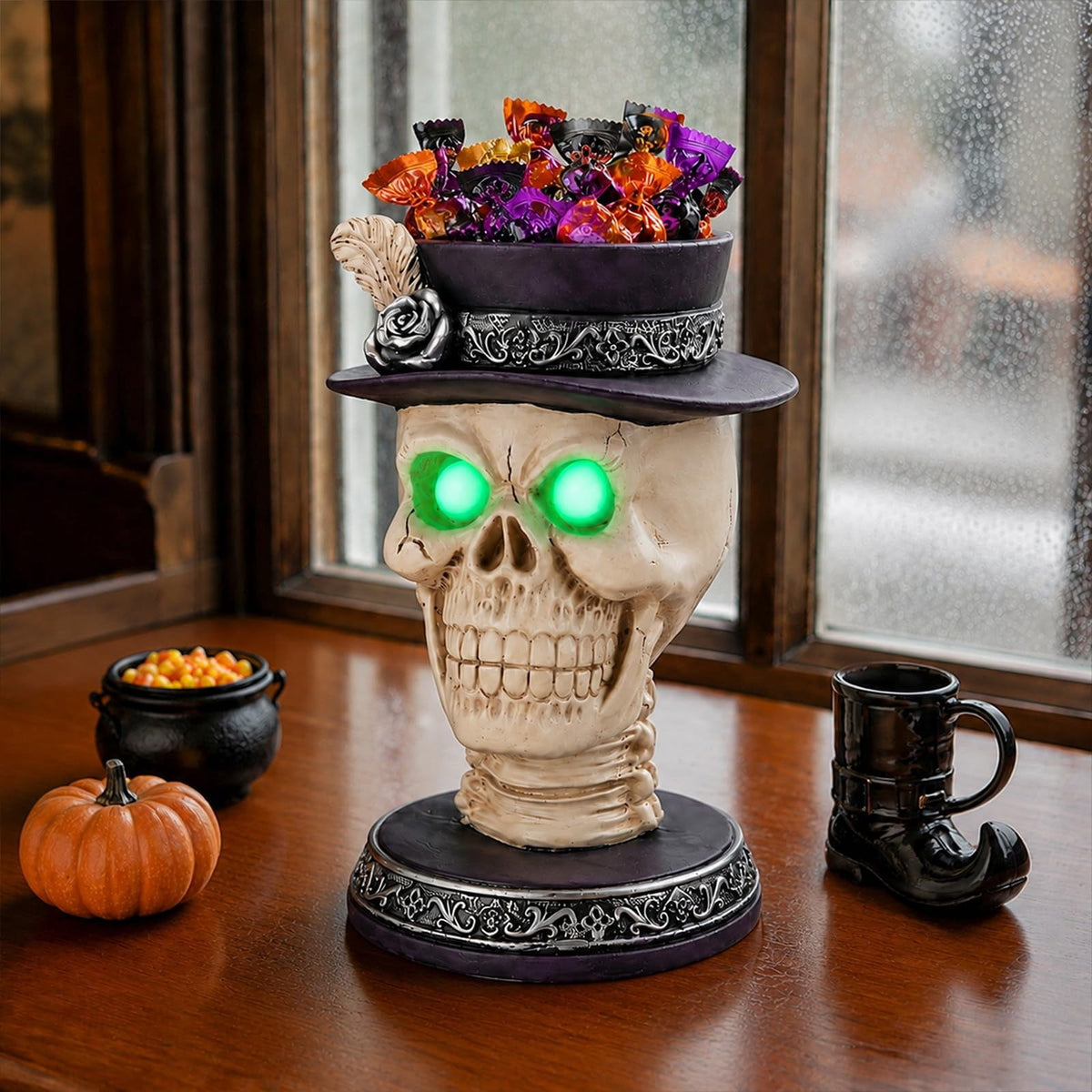 Halloween Ghost Statue with LED Glowing Eyes, Resin Ghost Figurine Tabletop Decor for Indoor Home, Mantel, Shelf, Entryway and Halloween Party Display