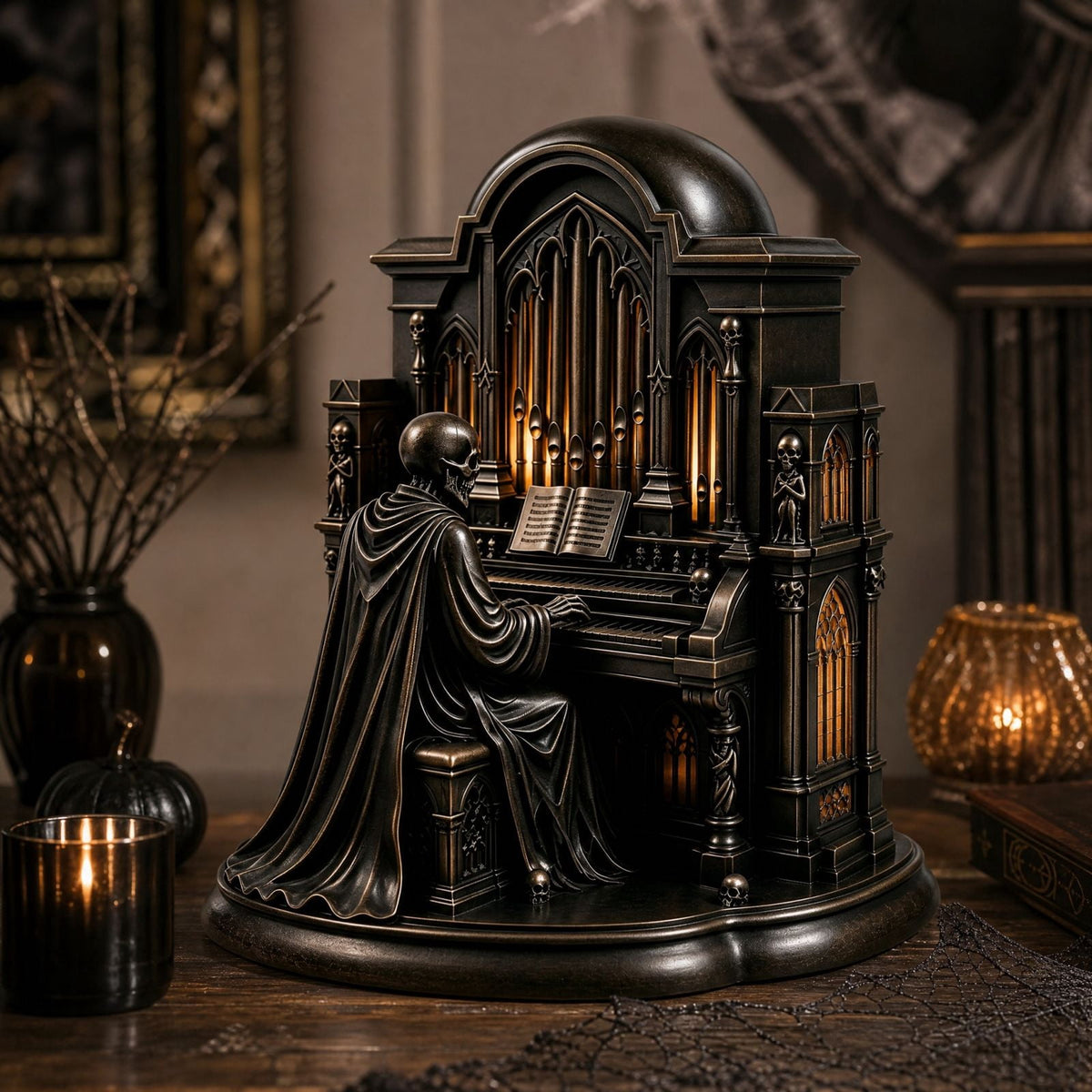 Halloween Gothic Skeleton Pipe Organ Statue with LED Light, Spooky Cathedral Figurine for Home Decor