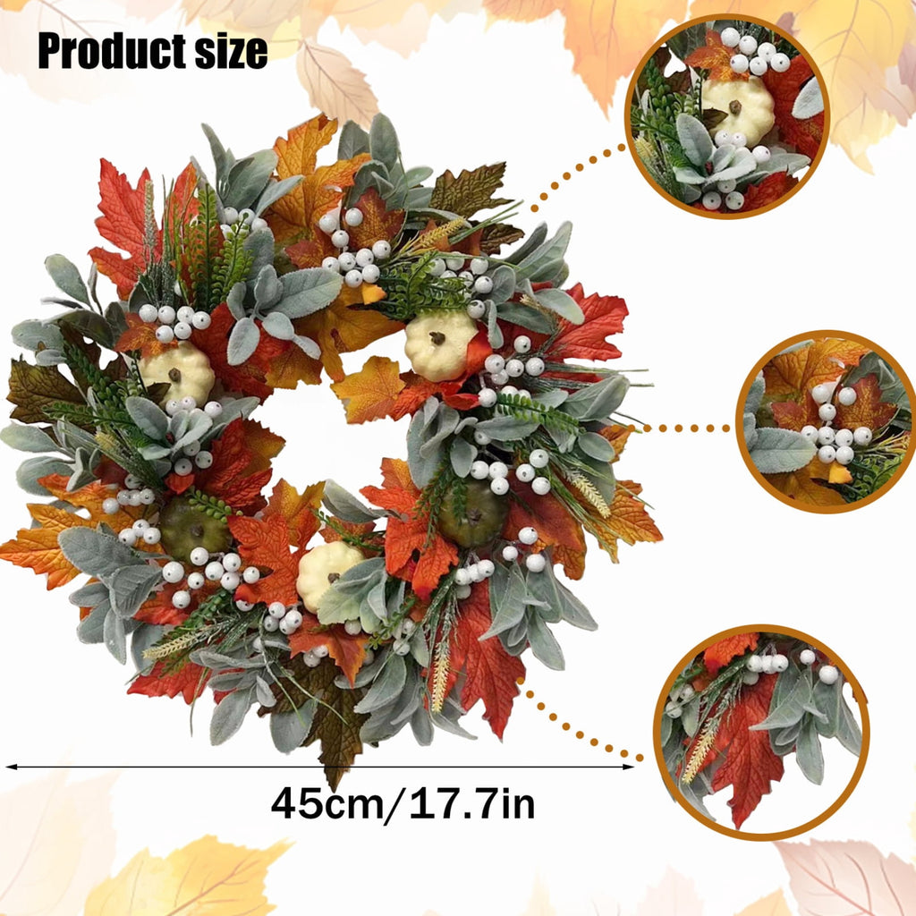 Fall Wreath - Halloween Decorative Autumn Garland with Pumpkin Accents, Handmade Style Seasonal Wall Decor, Vibrant Harvest Door Circle Ornament