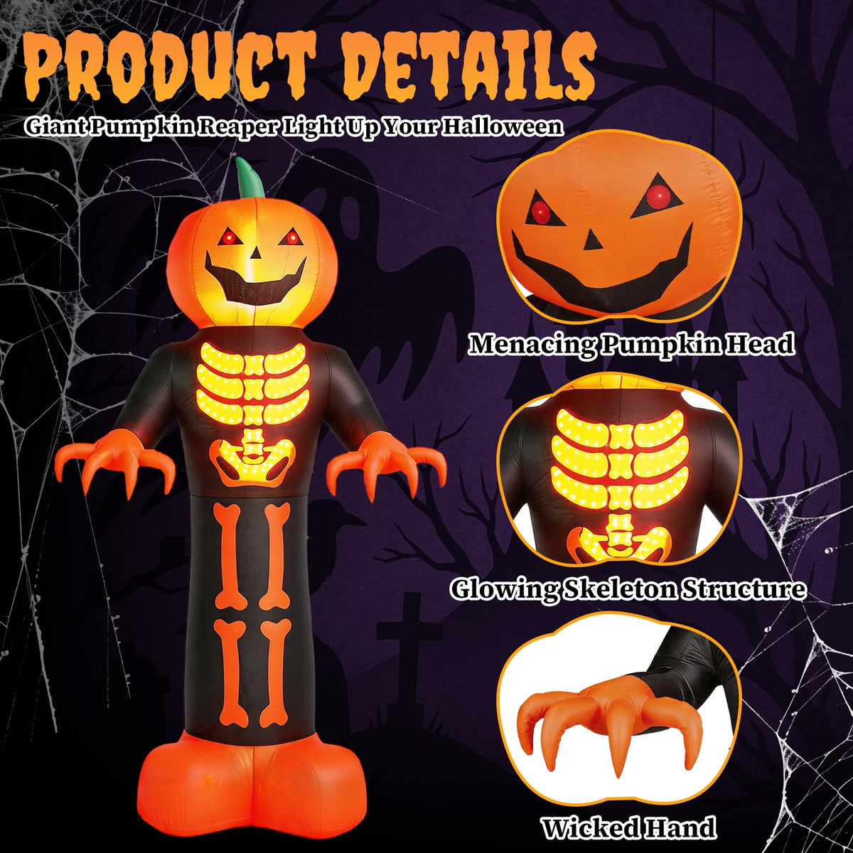 Ktaxon 12' Halloween Inflatables Pumpkin Skeleton Man Outdoor Halloween Decoration,Built-In LED