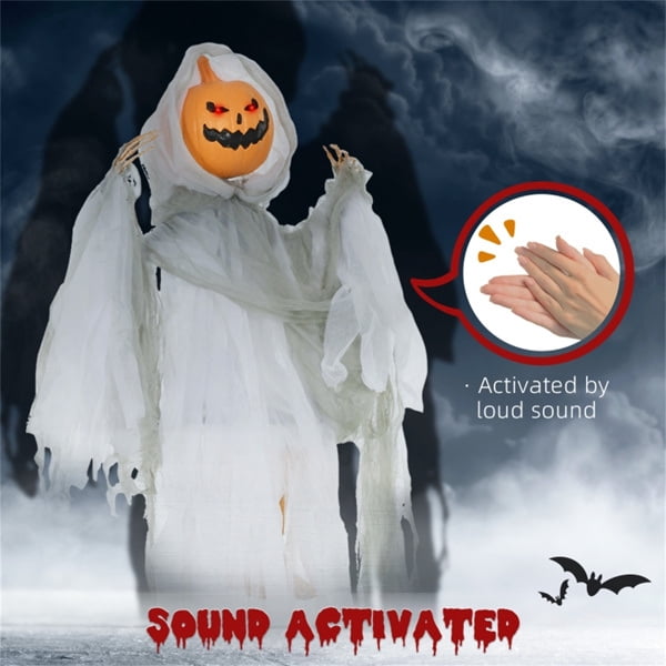 3.9FT Animated Halloween Pumpkin Ghost Prop Sound Activated with Red Glowing Eyes