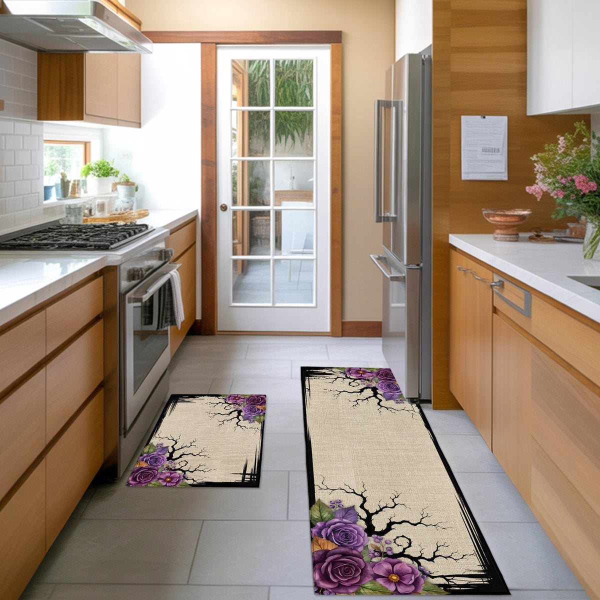 Halloween 2 Pieces Non-Slip Kitchen Mat Set, Dark Romantic Vintage Purple Rose Goth Tree Linen Texture Soft Door Mat with Rubber Backing, Dirtproof Rugs for Entrance Doorway, 19.7x31.5in+19.7x47.2in