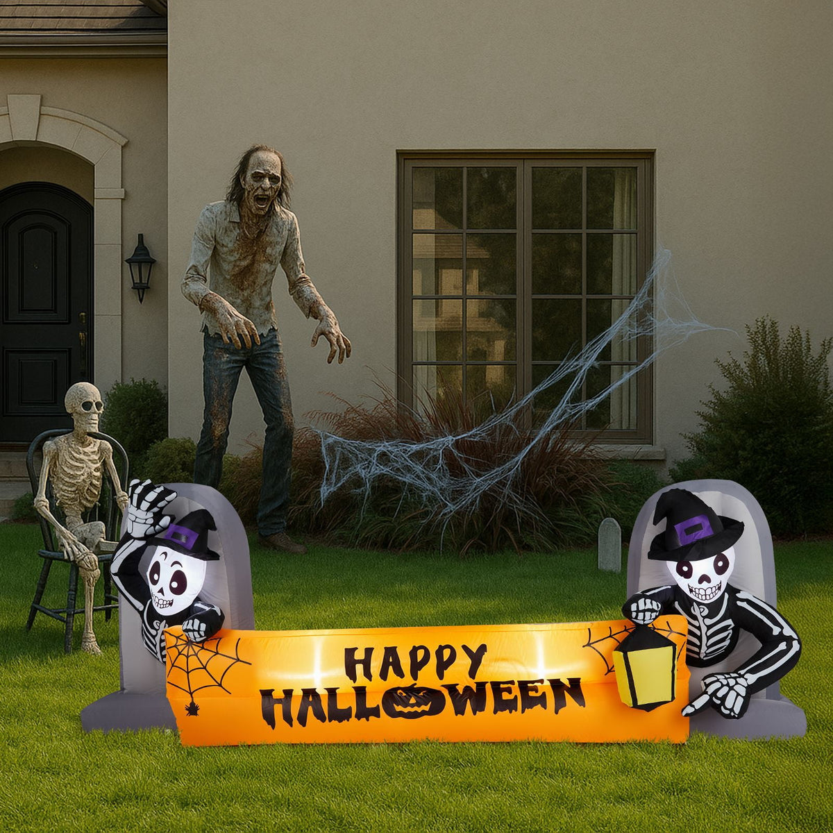9.6FT Inflatable Skeleton Holding Happy Halloween Banner with LED Lights for Yard Garden Party