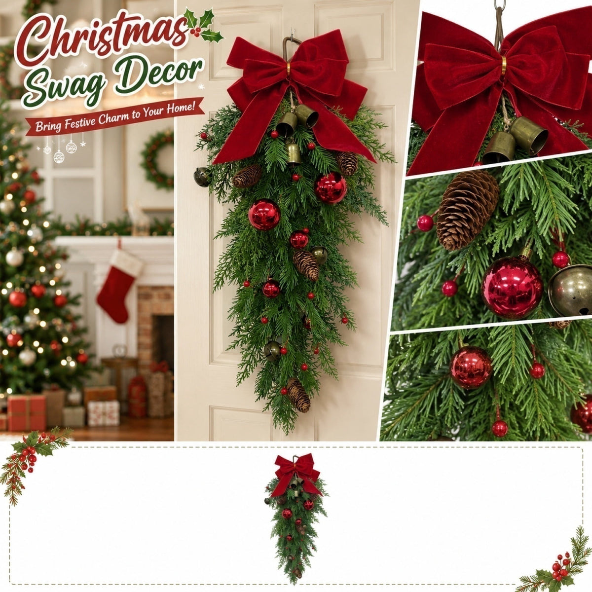 Christmas Pine Wreath, Outdoor Christmas Decorations, Xmas Door Wreath for Home, Holiday, Party, Fireplace, Mantle, Wall, Windows Decor