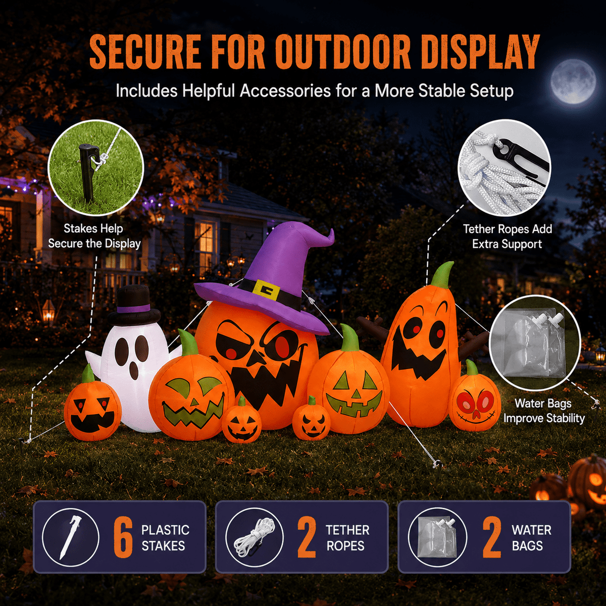 7.9 FT Halloween Inflatable Pumpkin & Ghost Yard Decoration, Pumpkins with Witch Hat, 7 LED Lights, Outdoor Blow Up Decor