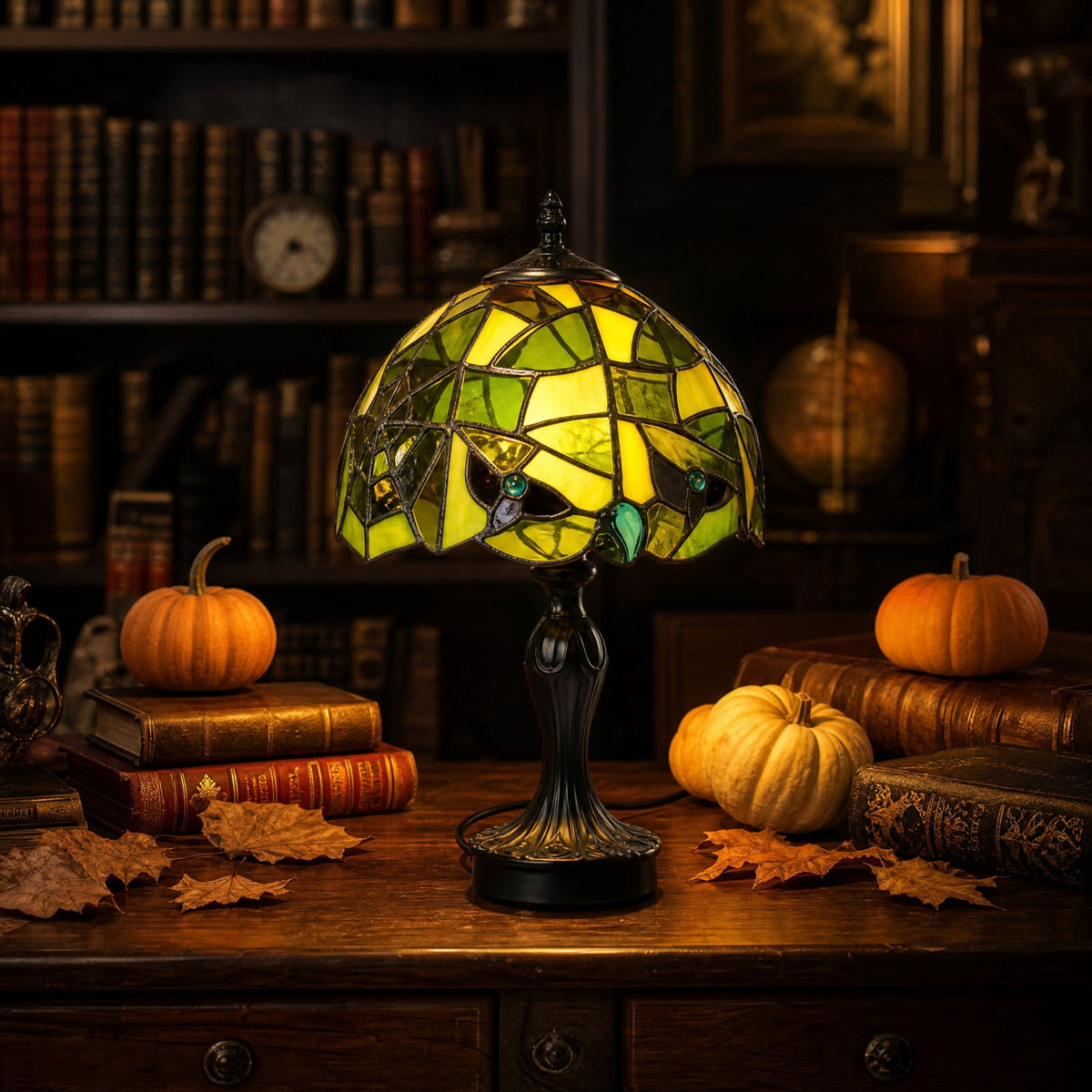 Vintage Style Glass Spiderweb Halloween Lamp, 8" Handmade Spiderweb Pattern Gothic Resin Desk Light, Halloween Decorations Indoor for Bedroom, Living Room, Office (Green)