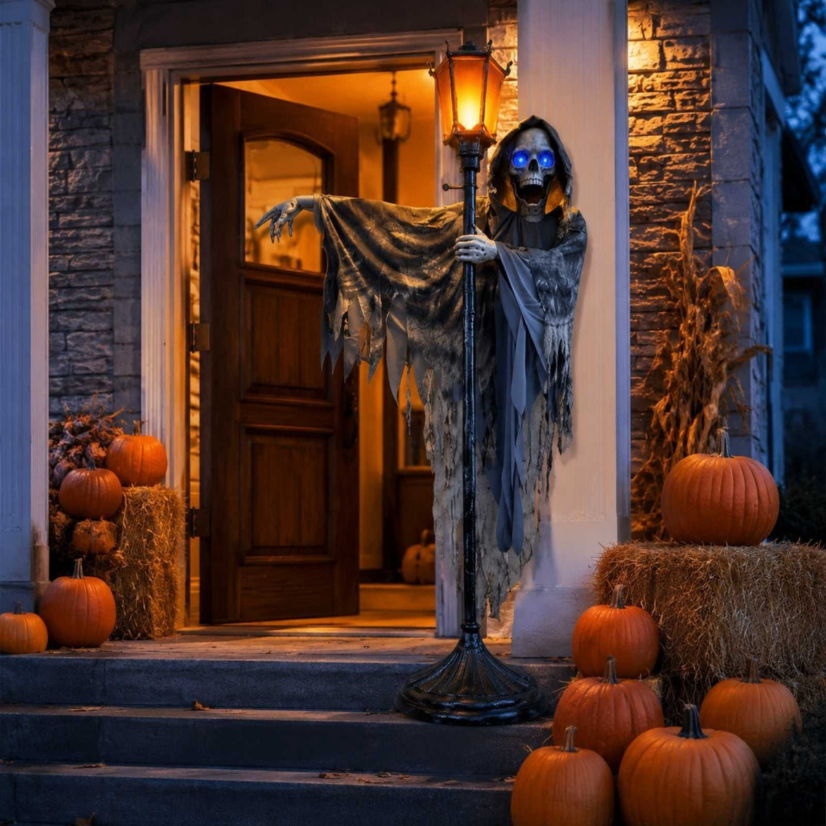 Light Up Blue LED Eyes Skeleton Ghost Freestanding Street Lamp Prop Tattered Robe Grim Reaper Figure Outdoor Yard Porch Halloween Ghost House Decor.78.74*39.37*1.96In
